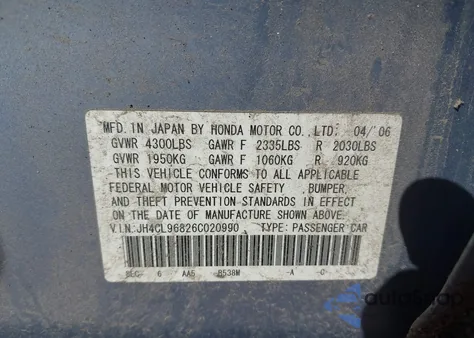 2006 Acura Tsx из США, поврежденный, VIN JH4CL96826C020990